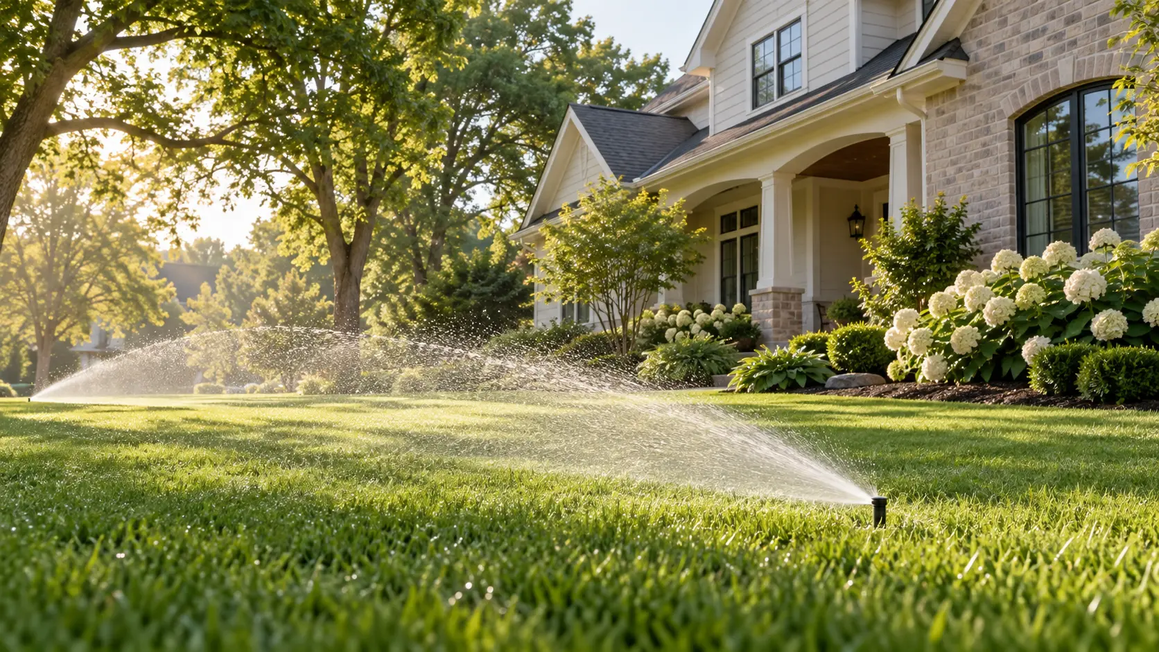 Illustrative residential landscape with a sprinkler in morning sunlight